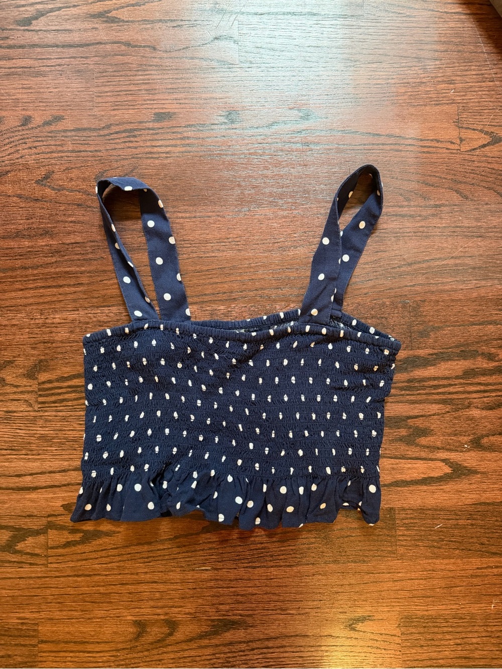 American Eagle Outfitters Navy Polka Dot Smocked Crop Top